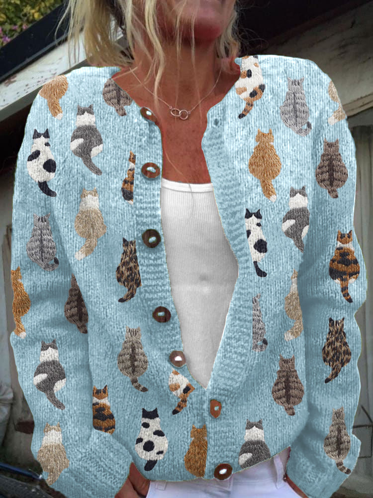 CHARLOTTE™ | Cardigan douillet à imprimé chats - Bleu