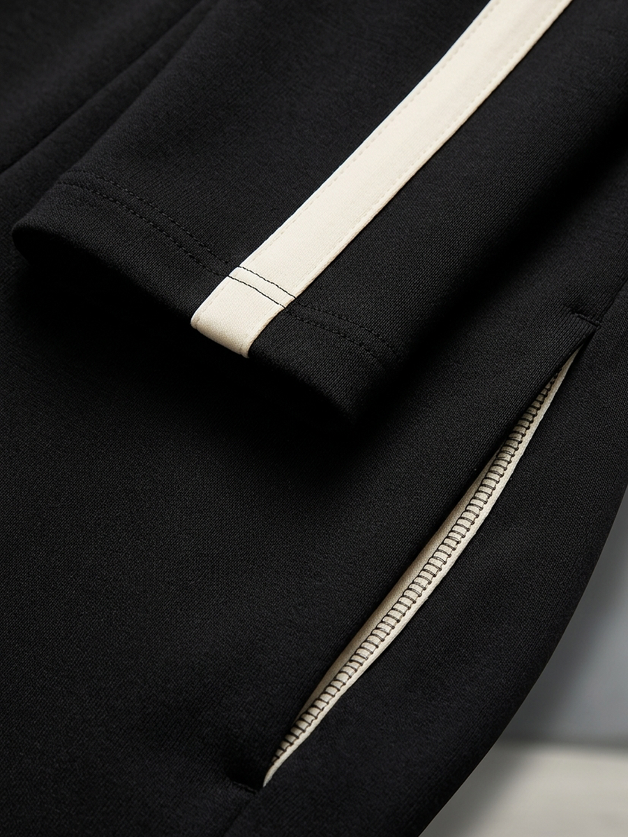 MONICA | Ensemble survêtement à rayures contrastées noires, haut à demi-zip et pantalon large à cordon
