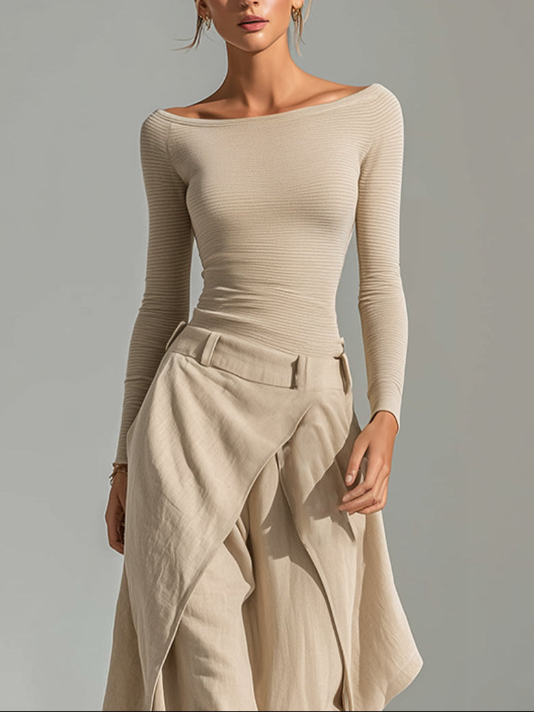 GIULIANA | Ensemble haut beige col bateau et pantalon large superposé