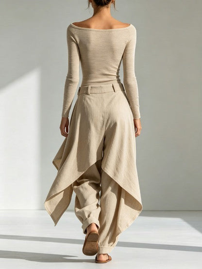 GIULIANA | Ensemble haut beige col bateau et pantalon large superposé