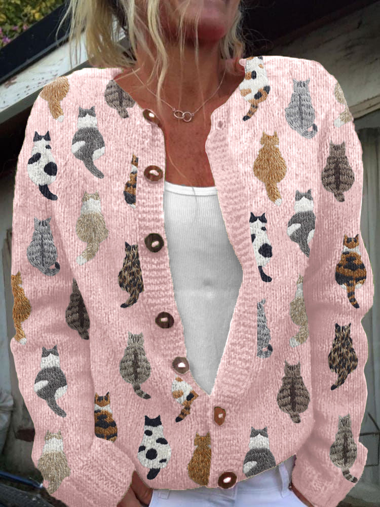 CHARLOTTE™ | Cardigan douillet à imprimé chats - Rose