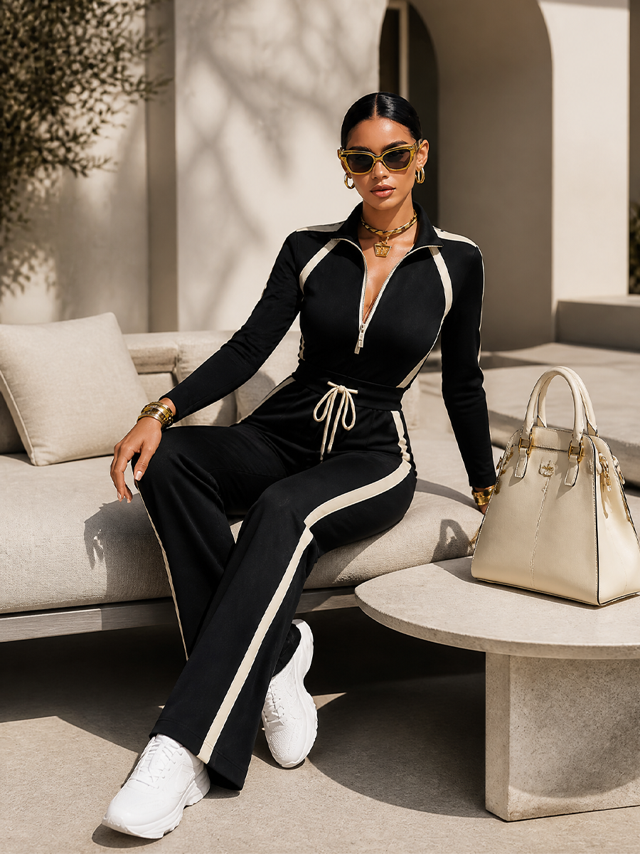 MONICA | Ensemble survêtement à rayures contrastées noires, haut à demi-zip et pantalon large à cordon