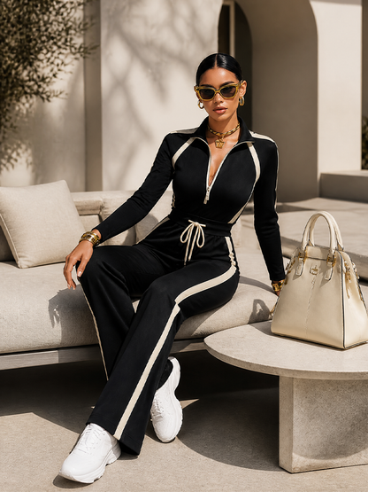 MONICA | Ensemble survêtement à rayures contrastées noires, haut à demi-zip et pantalon large à cordon