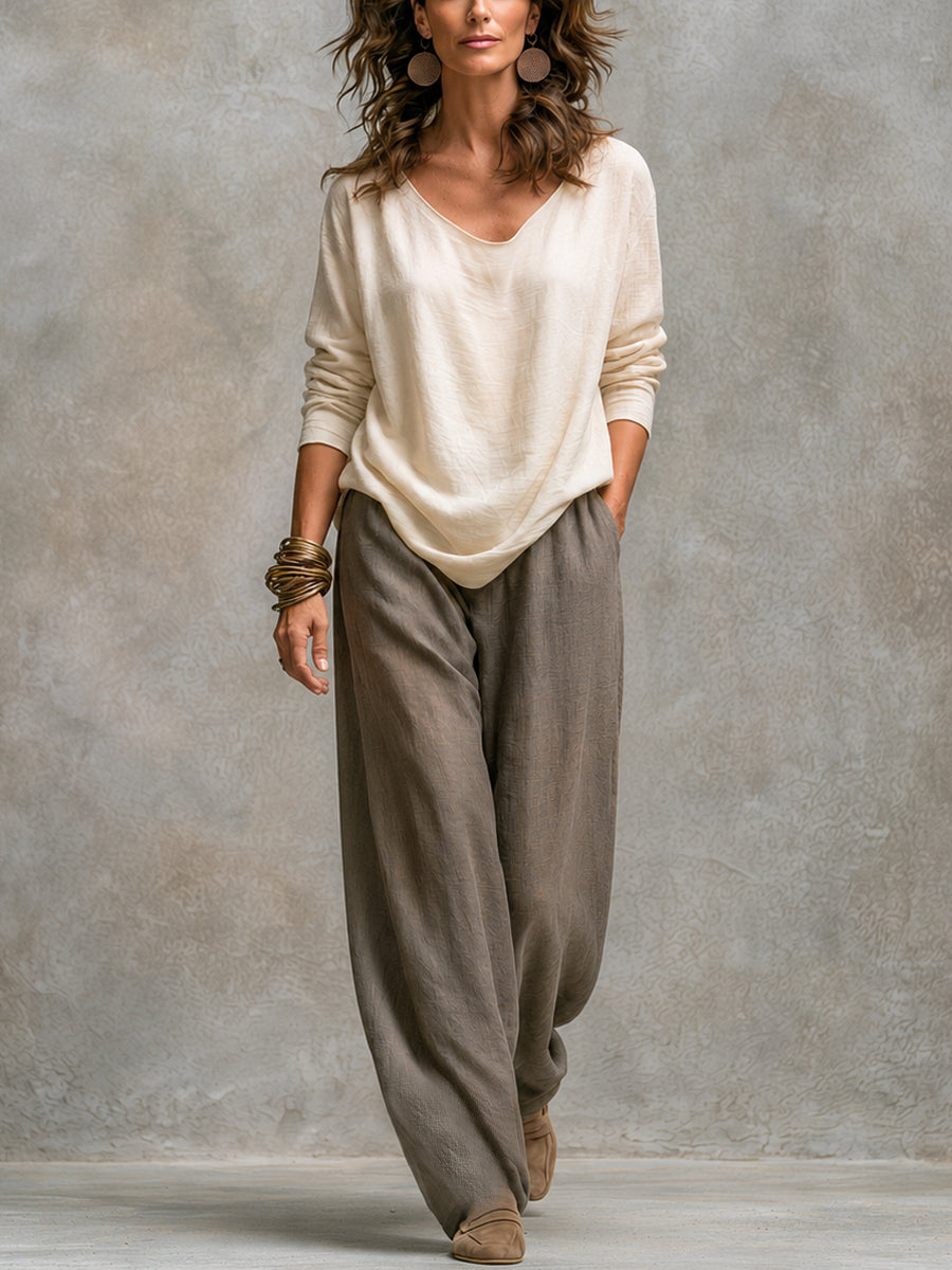 COSTANZA | Ensemble trois pièces beige et gris, casual superposé, avec pantalon palazzo élégant