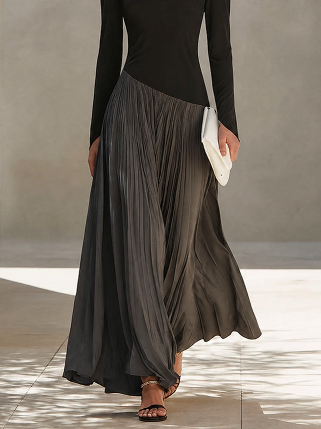 MARINA | Robe maxi plissée à col drapé bicolore noir et gris