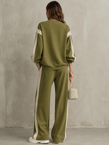 SONIA | Ensemble casual sweat vert olive col rond et pantalon large à cordon