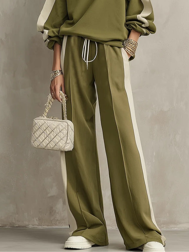 SONIA | Ensemble casual sweat vert olive col rond et pantalon large à cordon