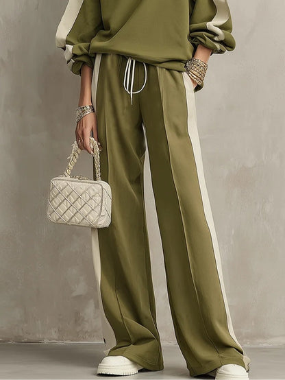 SONIA | Ensemble casual sweat vert olive col rond et pantalon large à cordon