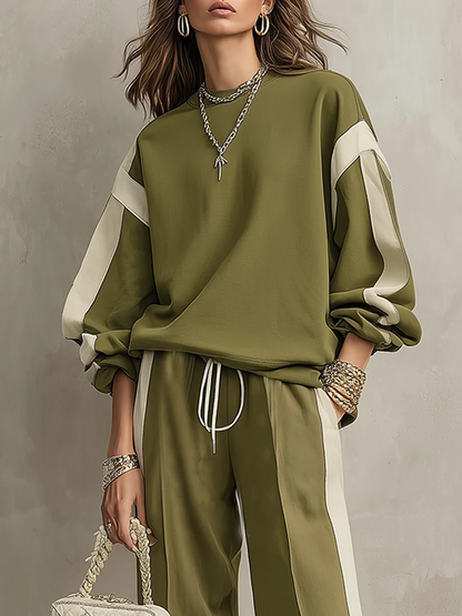 SONIA | Ensemble casual sweat vert olive col rond et pantalon large à cordon