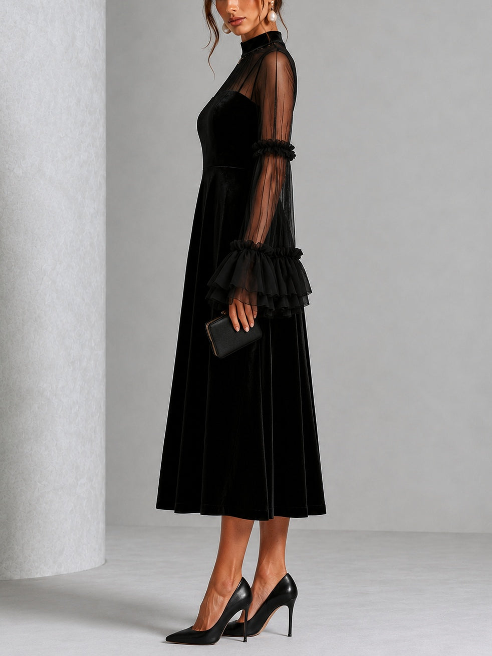 STEFANIA | Robe midi plissée en velours noir et tulle transparent