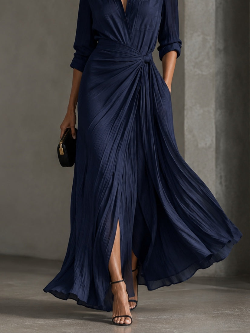 GABRIELLA | Élégante robe chemise maxi bleu marine nouée