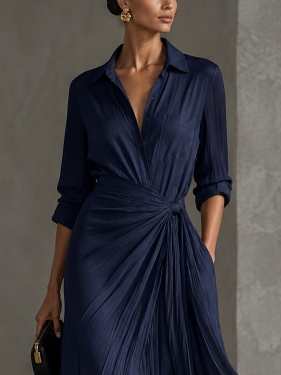 GABRIELLA | Élégante robe chemise maxi bleu marine nouée