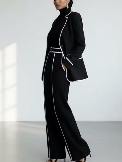 CLAUDIA | Ensemble deux pièces blazer à passepoil contrasté noir et pantalon à jambe large