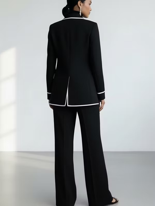 CLAUDIA | Ensemble deux pièces blazer à passepoil contrasté noir et pantalon à jambe large