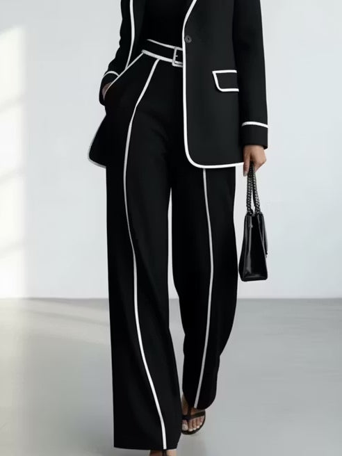 CLAUDIA | Ensemble deux pièces blazer à passepoil contrasté noir et pantalon à jambe large