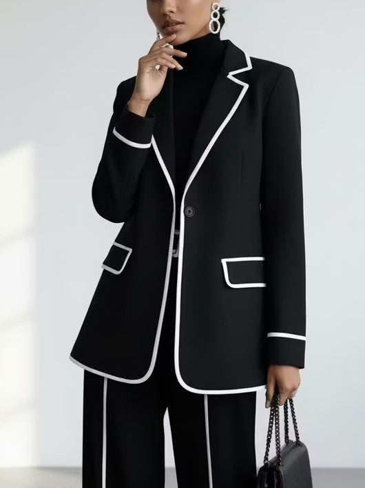 CLAUDIA | Ensemble deux pièces blazer à passepoil contrasté noir et pantalon à jambe large