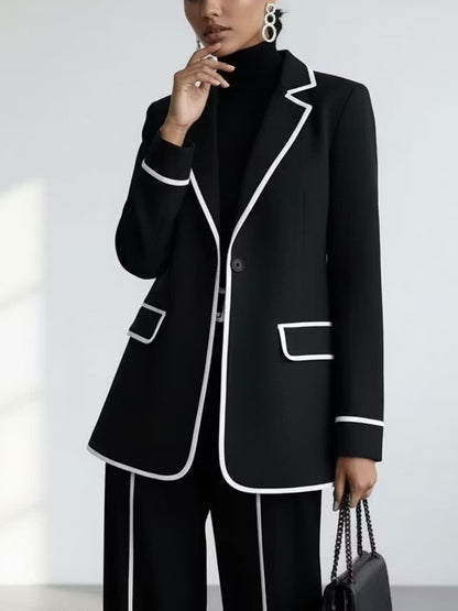 CLAUDIA | Ensemble deux pièces blazer à passepoil contrasté noir et pantalon à jambe large