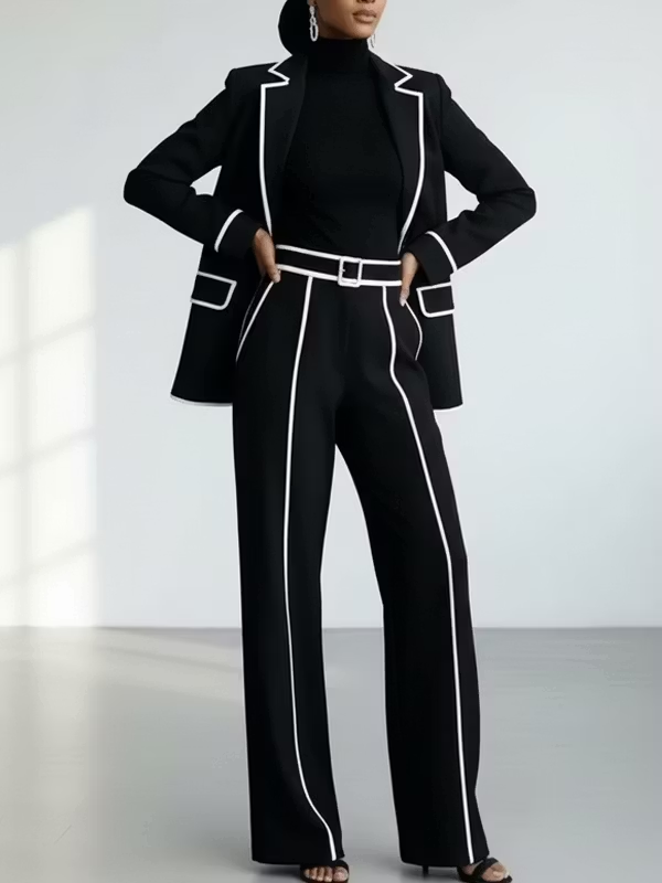 CLAUDIA | Ensemble deux pièces blazer à passepoil contrasté noir et pantalon à jambe large