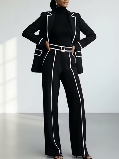 CLAUDIA | Ensemble deux pièces blazer à passepoil contrasté noir et pantalon à jambe large