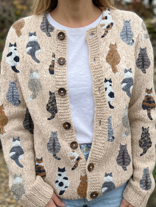 CHARLOTTE™ | Cardigan douillet à imprimé chats - Beige
