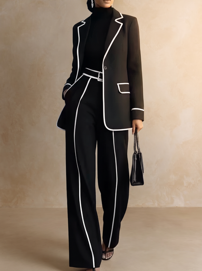 CLAUDIA | Ensemble deux pièces blazer à passepoil contrasté noir et pantalon à jambe large