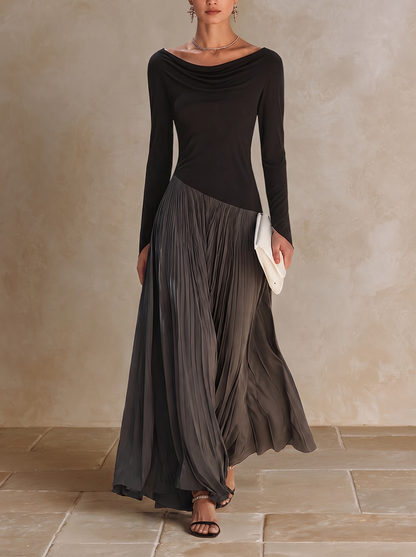 MARINA | Robe maxi plissée à col drapé bicolore noir et gris
