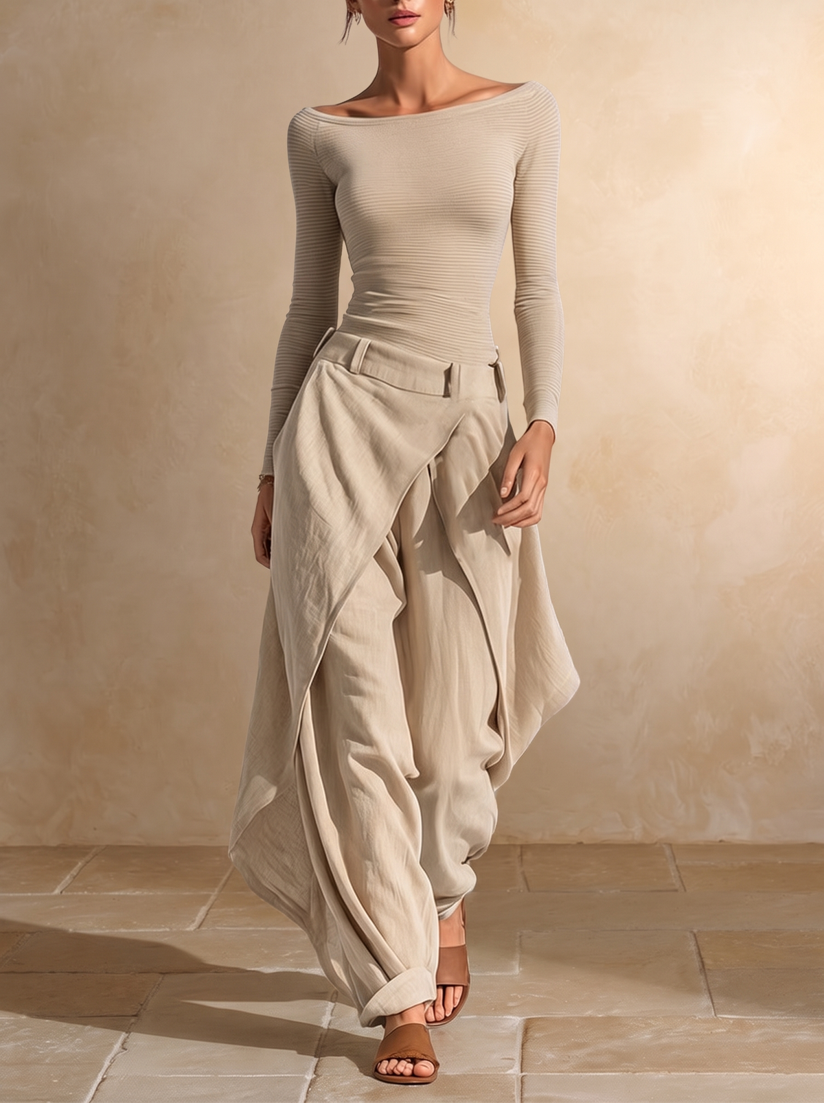 GIULIANA | Ensemble haut beige col bateau et pantalon large superposé