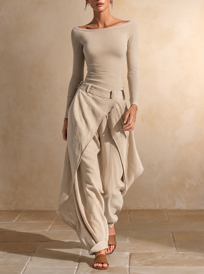 GIULIANA | Ensemble haut beige col bateau et pantalon large superposé