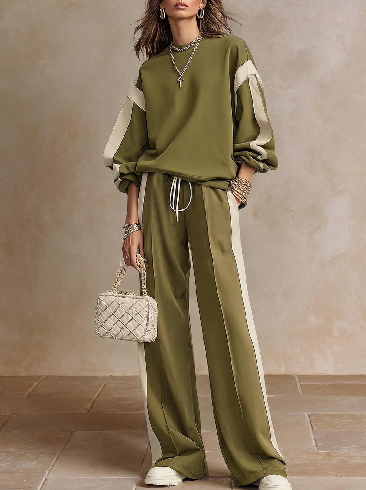 SONIA | Ensemble casual sweat vert olive col rond et pantalon large à cordon