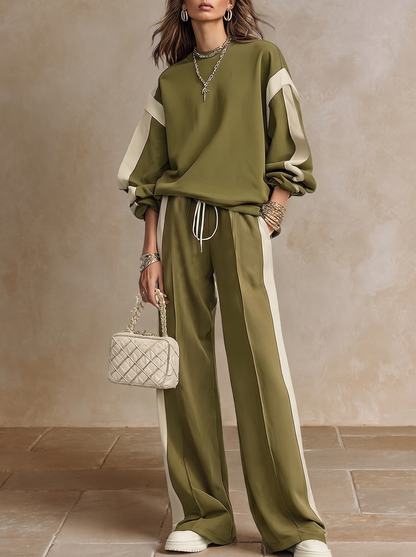 SONIA | Ensemble casual sweat vert olive col rond et pantalon large à cordon