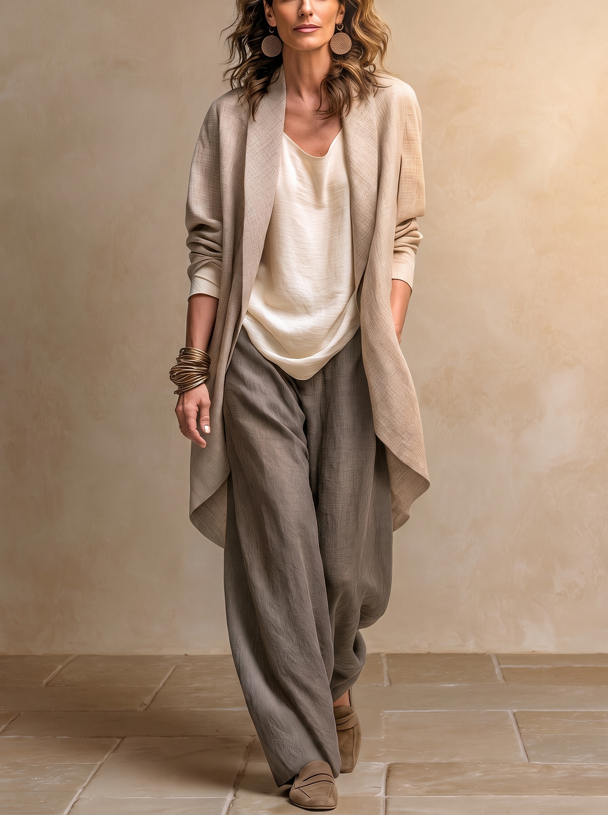 COSTANZA | Ensemble trois pièces beige et gris, casual superposé, avec pantalon palazzo élégant