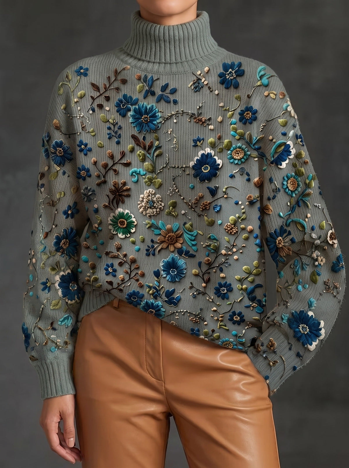THALASSA - Pull à Col Roulé Fleurs Sauge